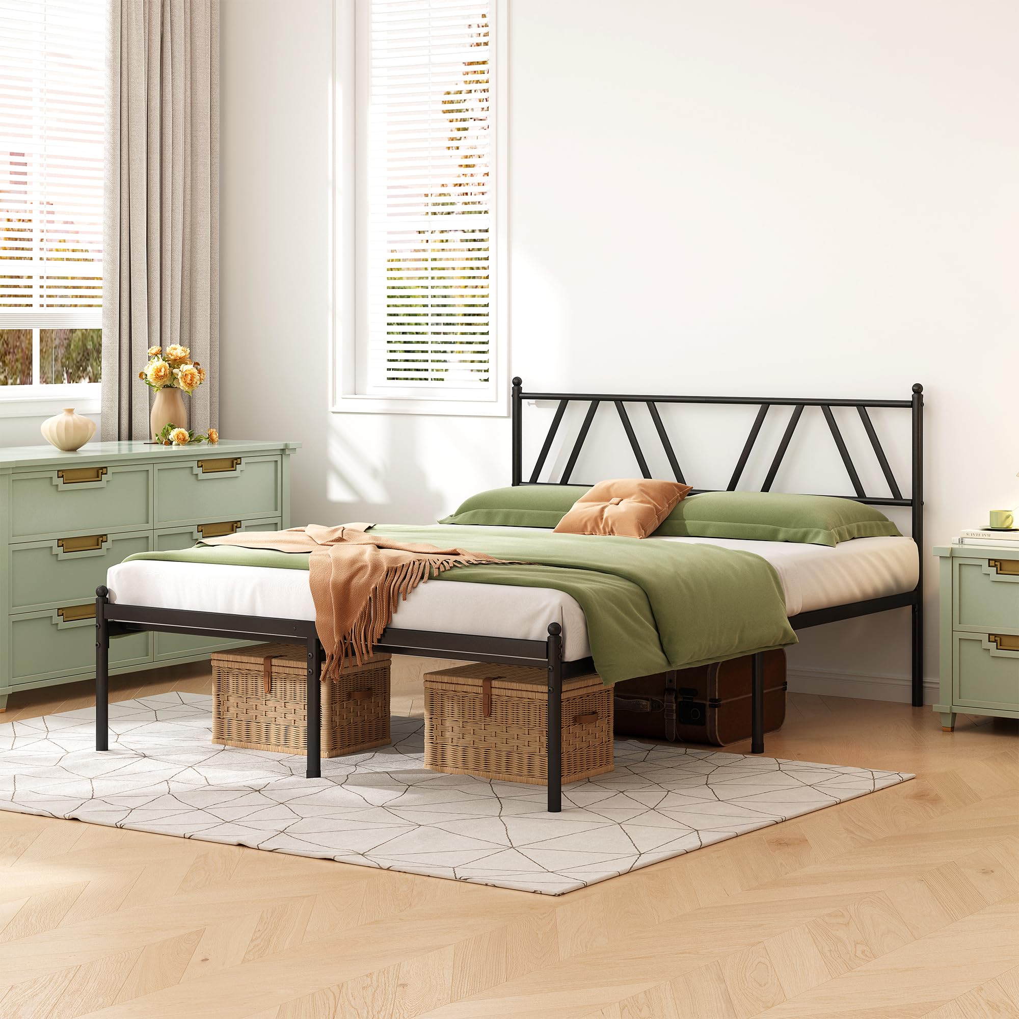 14-Inch Metal Platform Bed Frame with Headboard - Queen Size