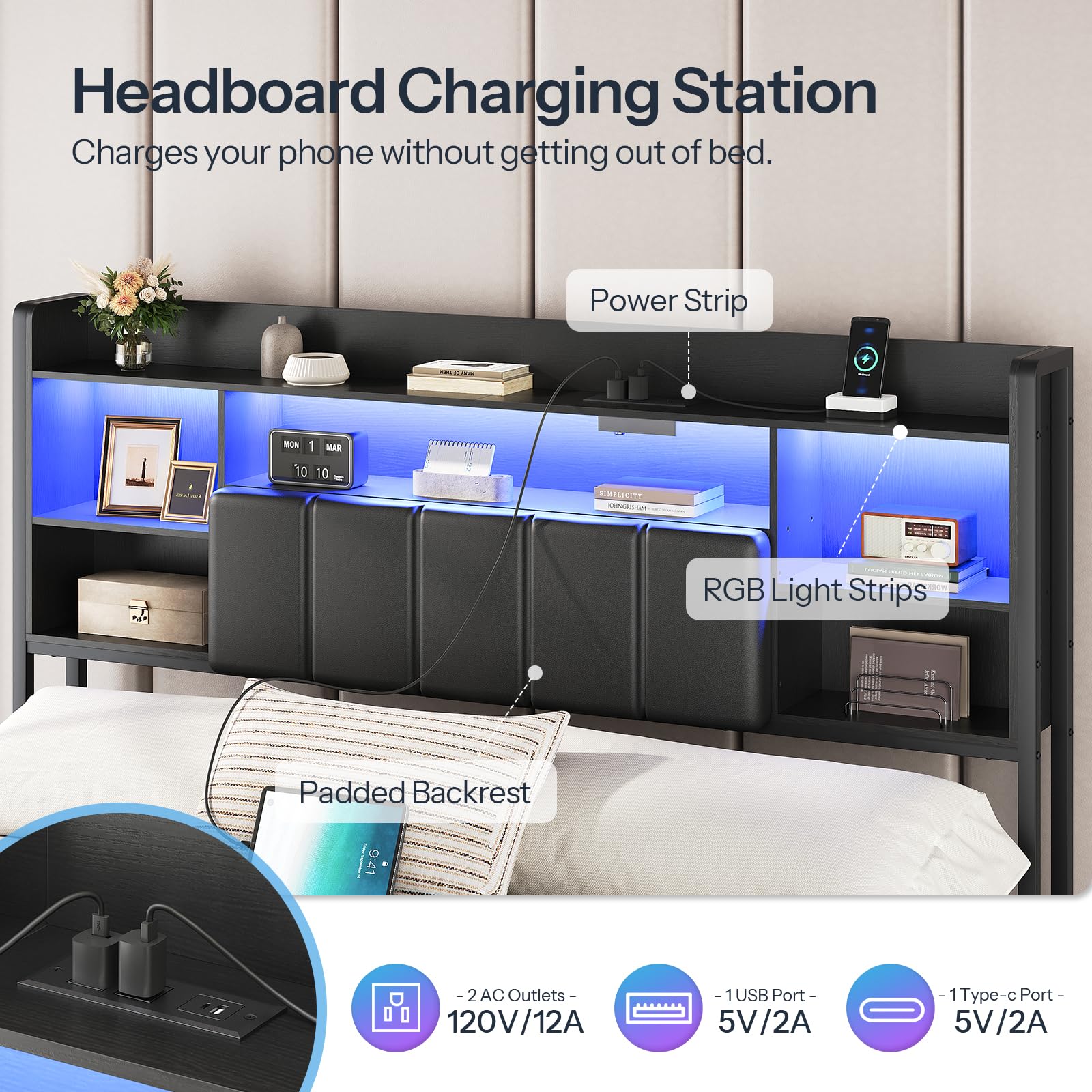 Queen Floating Bed Frame with LED Lights & Charging Station