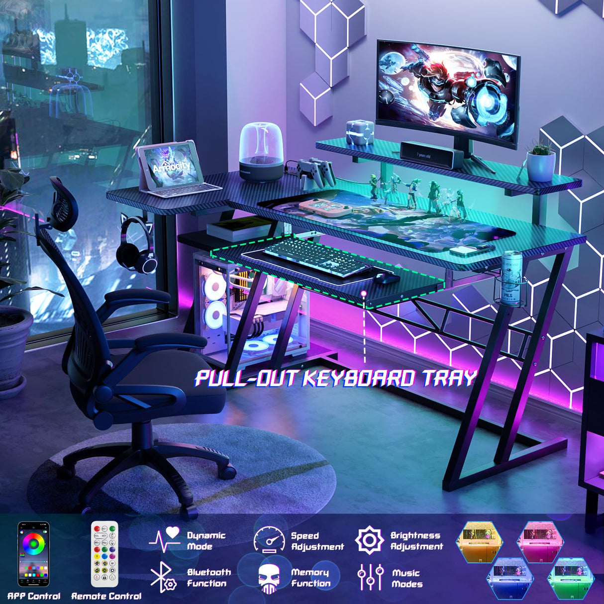 Gaming Desk with Shelves and Outlets, L Shaped Gaming Desk with LED Lights,