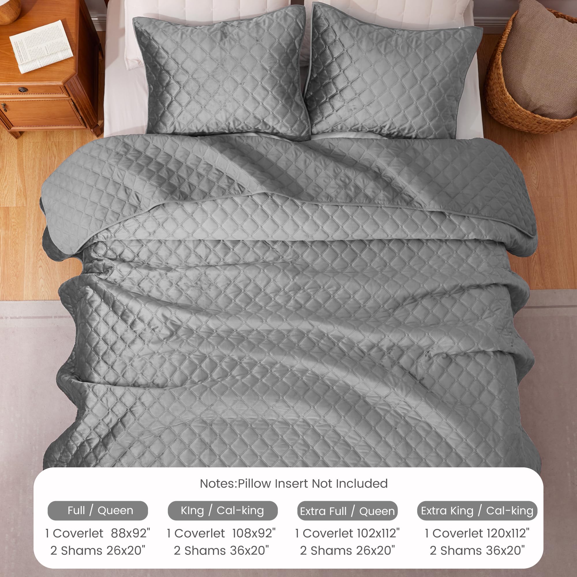 3D Velvet Quilt Set Queen Size - Elegant Coverlet with Pillow Shams