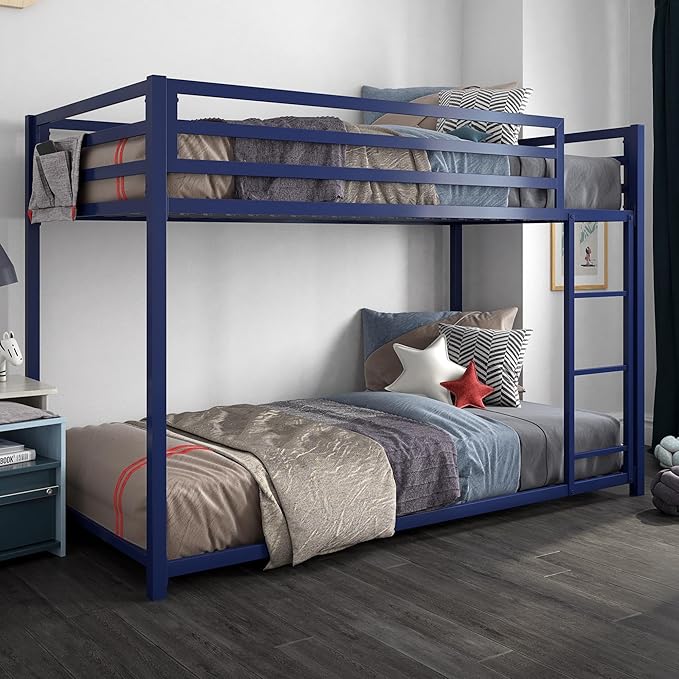 Metal Bunk Bed Frame for Kids, With Built-in Ladder, High Guardrail and Metal Slats, Floor Bed Bottom Bunk, No Boxspring Required, For Small Spaces, Full-Over-Full, Black