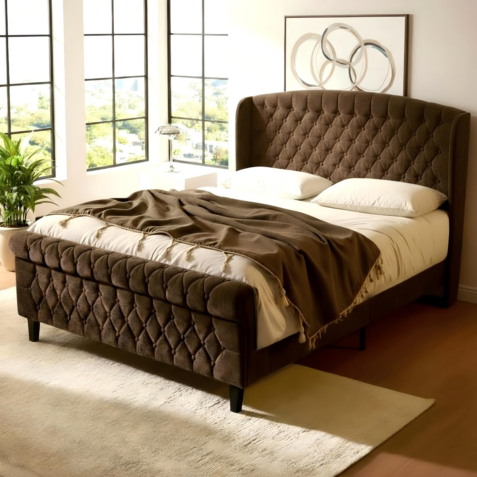 Queen Size Upholstered Platform Bed Frame with Sleigh Headboard