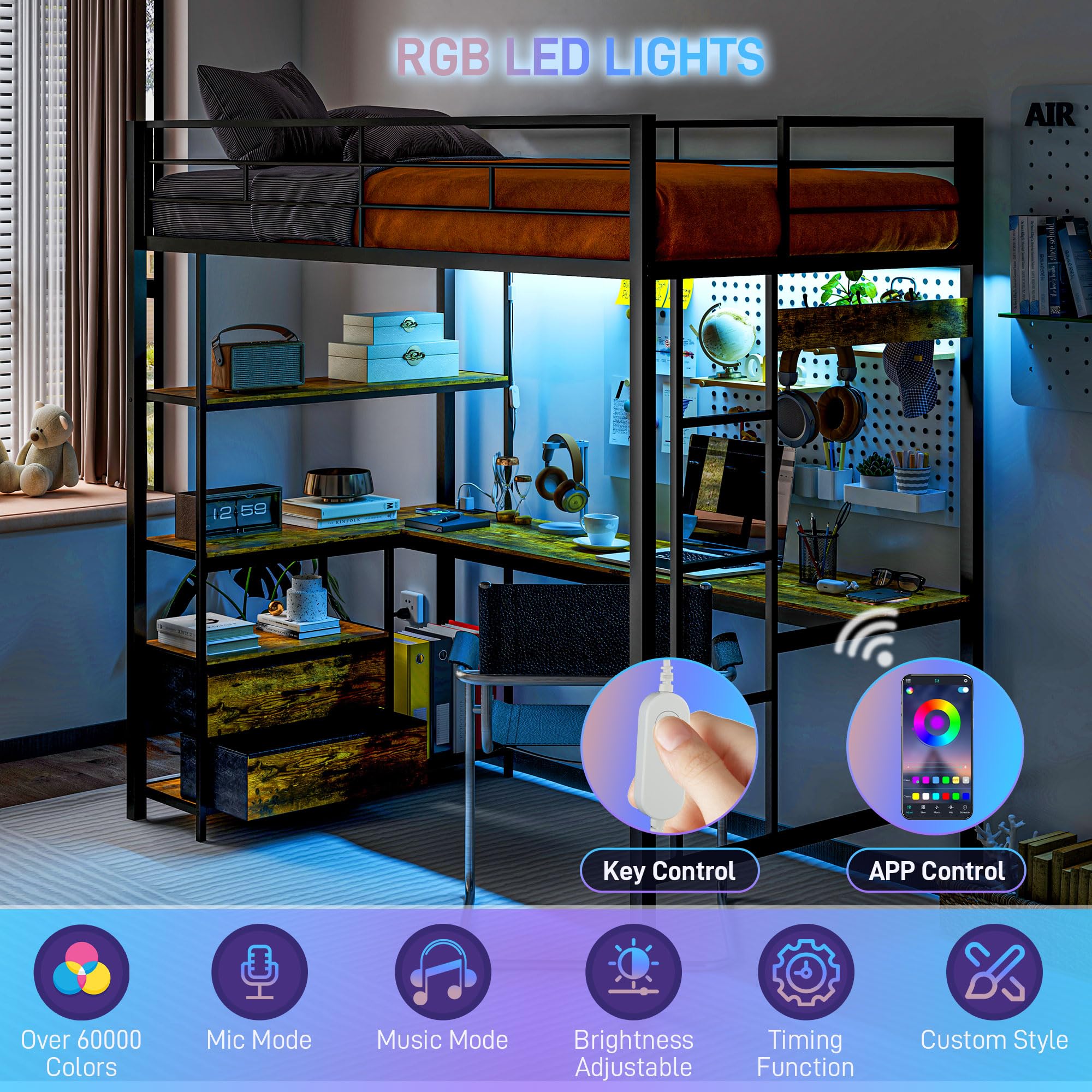 Twin Size with L-Shaped Desk, LED Lights, Charging Station, for Teens Adults, Twin Loft