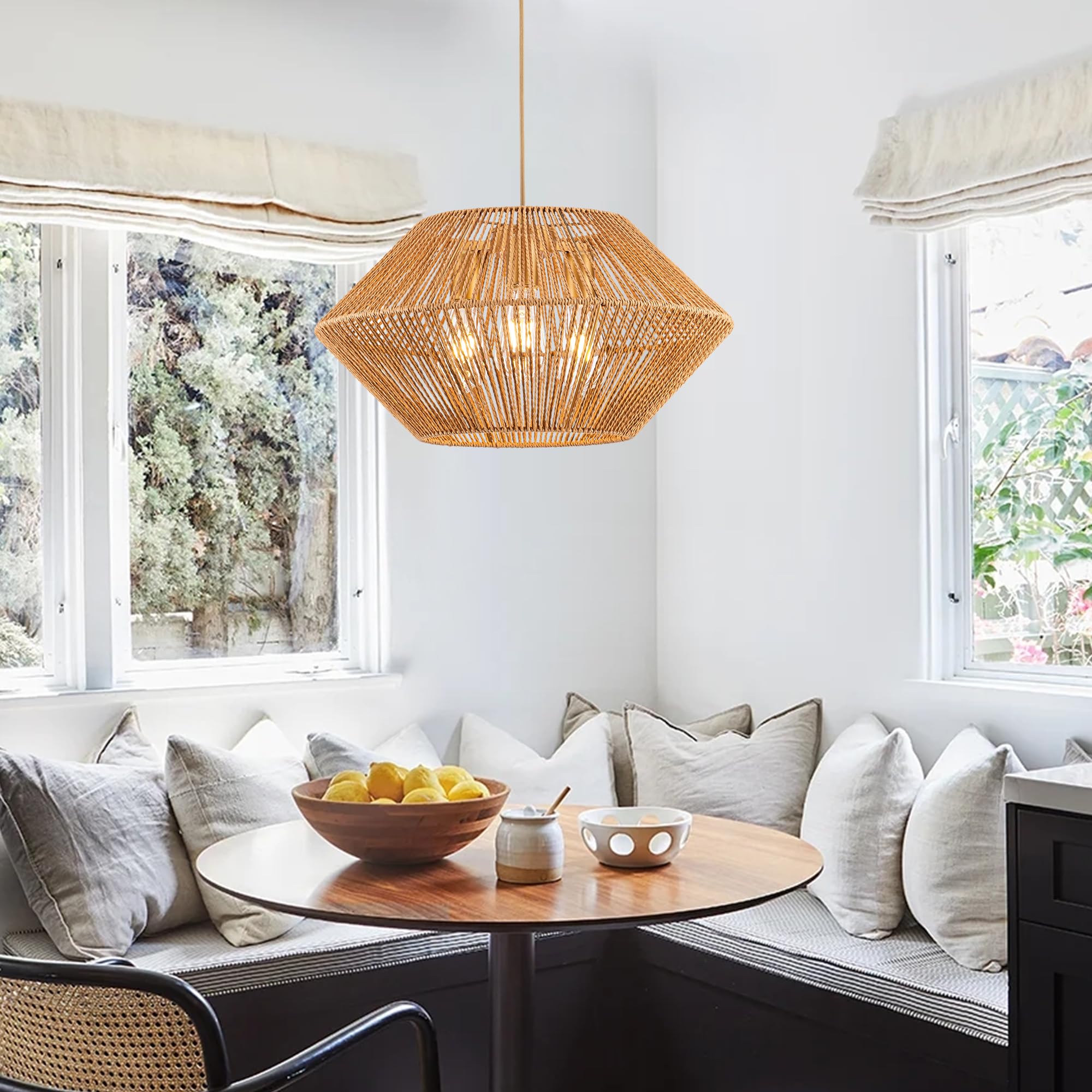 Woven Rattan Pendant Light, 19.5 Inch 3-Light Hemp Rope Boho Chandelier