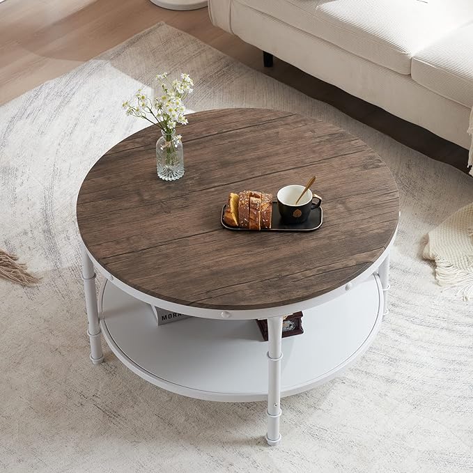 25.6" Dark Walnut White Round Farmhouse Coffee Table, 2-Tier Storage Wood Center