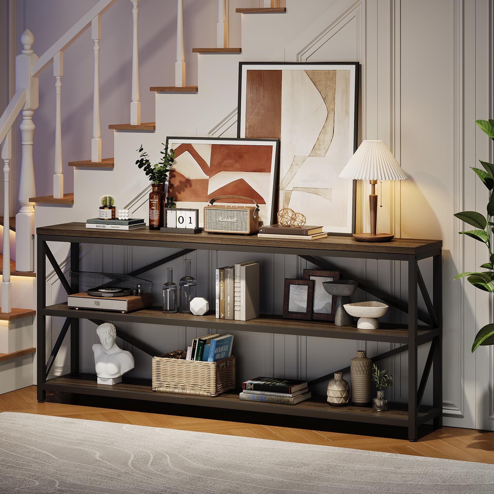 70.8" Industrial Console Table with 3-Tier Storage Shelf