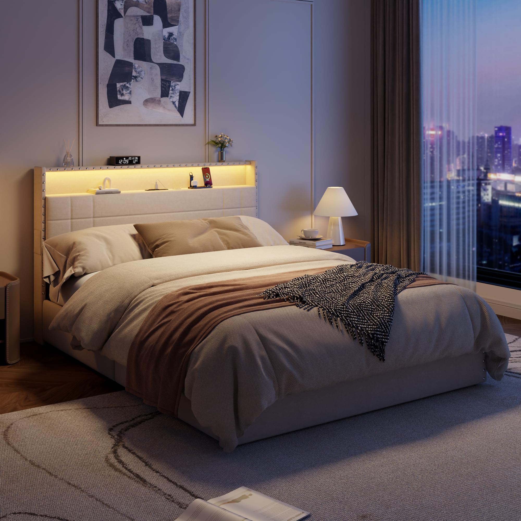 Queen Bed Frame with Storage Drawers, LED Lights & Charging Station