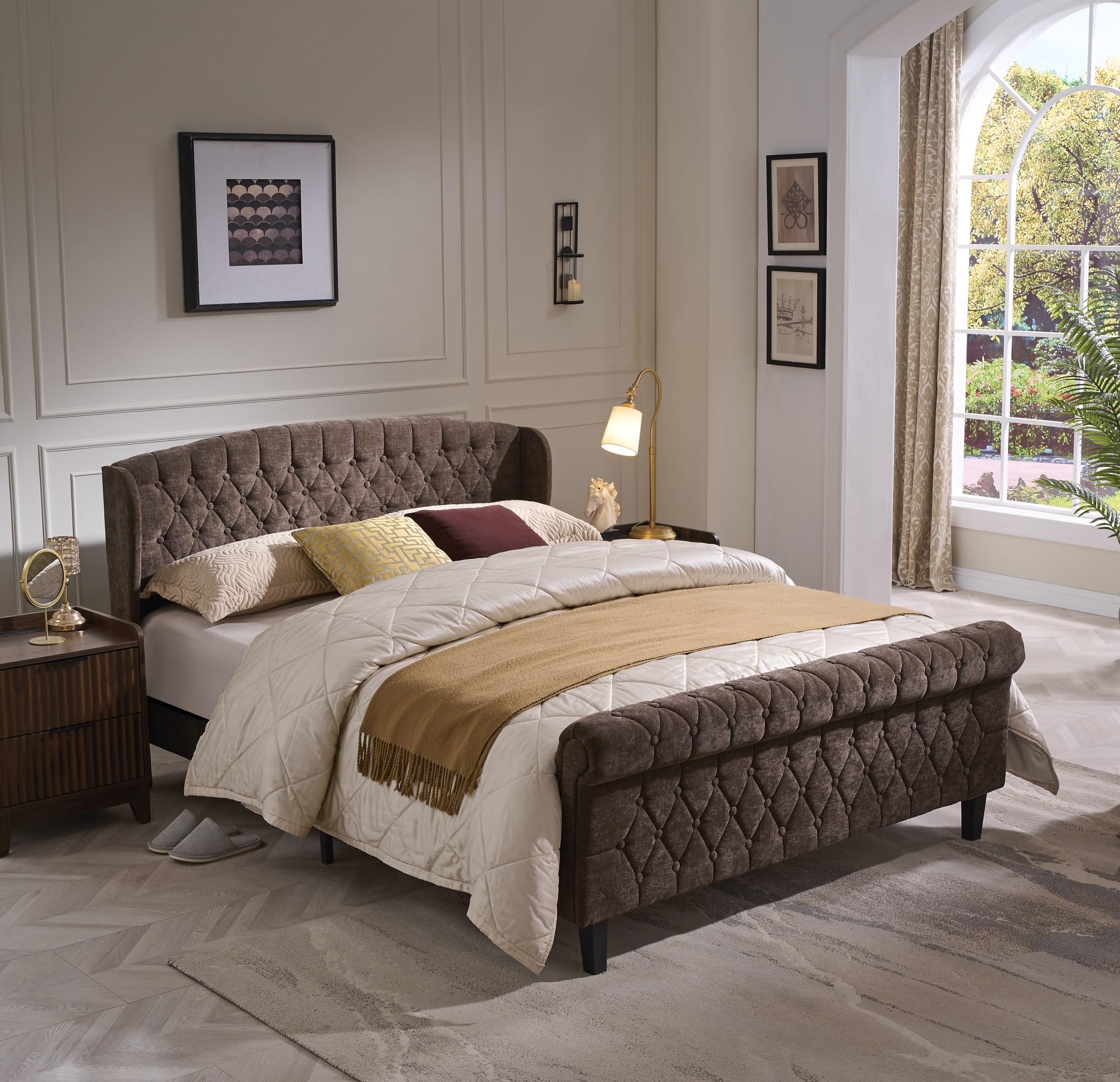 Queen Size Upholstered Platform Bed Frame with Sleigh Headboard