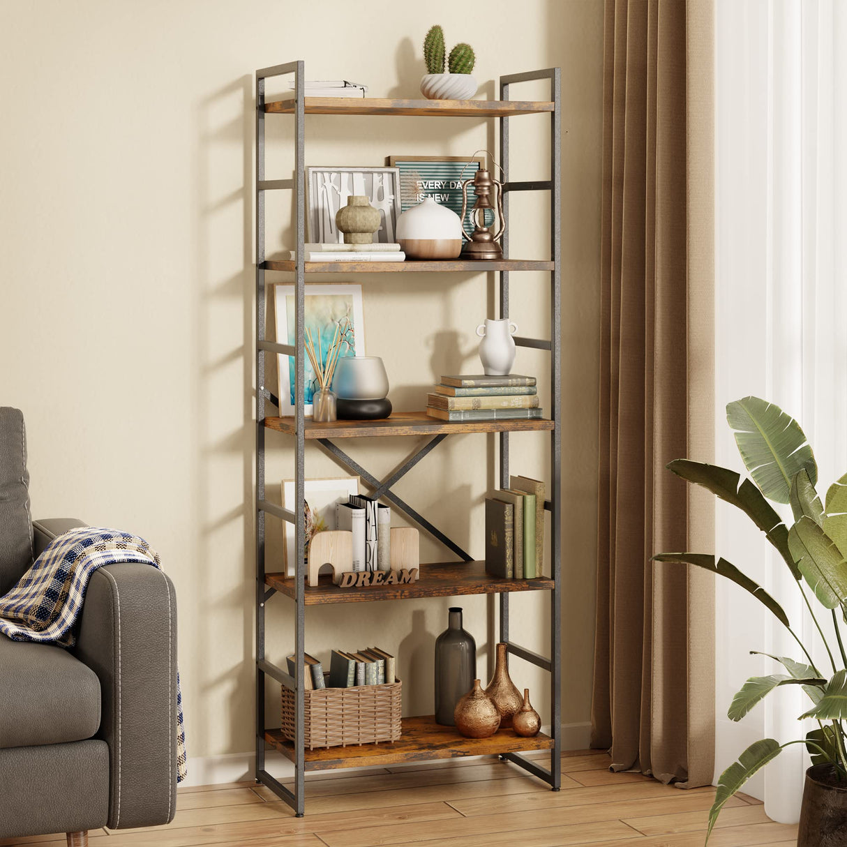 5 Tiers Bookshelf, Classically Tall Bookcase Shelf, Industrial Book Rack, Modern Book