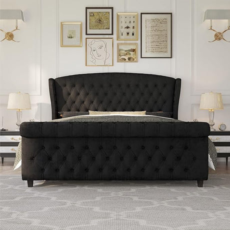 Queen Size Platform Bed Frame, Chenille Upholstered Sleigh Bed with Scroll