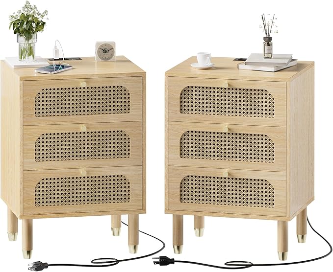 Rattan Nightstand Set of 2 with Charging Station, 27" Tall Oak Nightstand with 3 Drawers