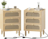 Rattan Nightstand Set of 2 with Charging Station, 27" Tall Oak Nightstand with 3 Drawers