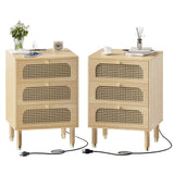 Rattan Nightstand Set of 2 with Charging Station, 27" Tall Oak Nightstand with 3 Drawers