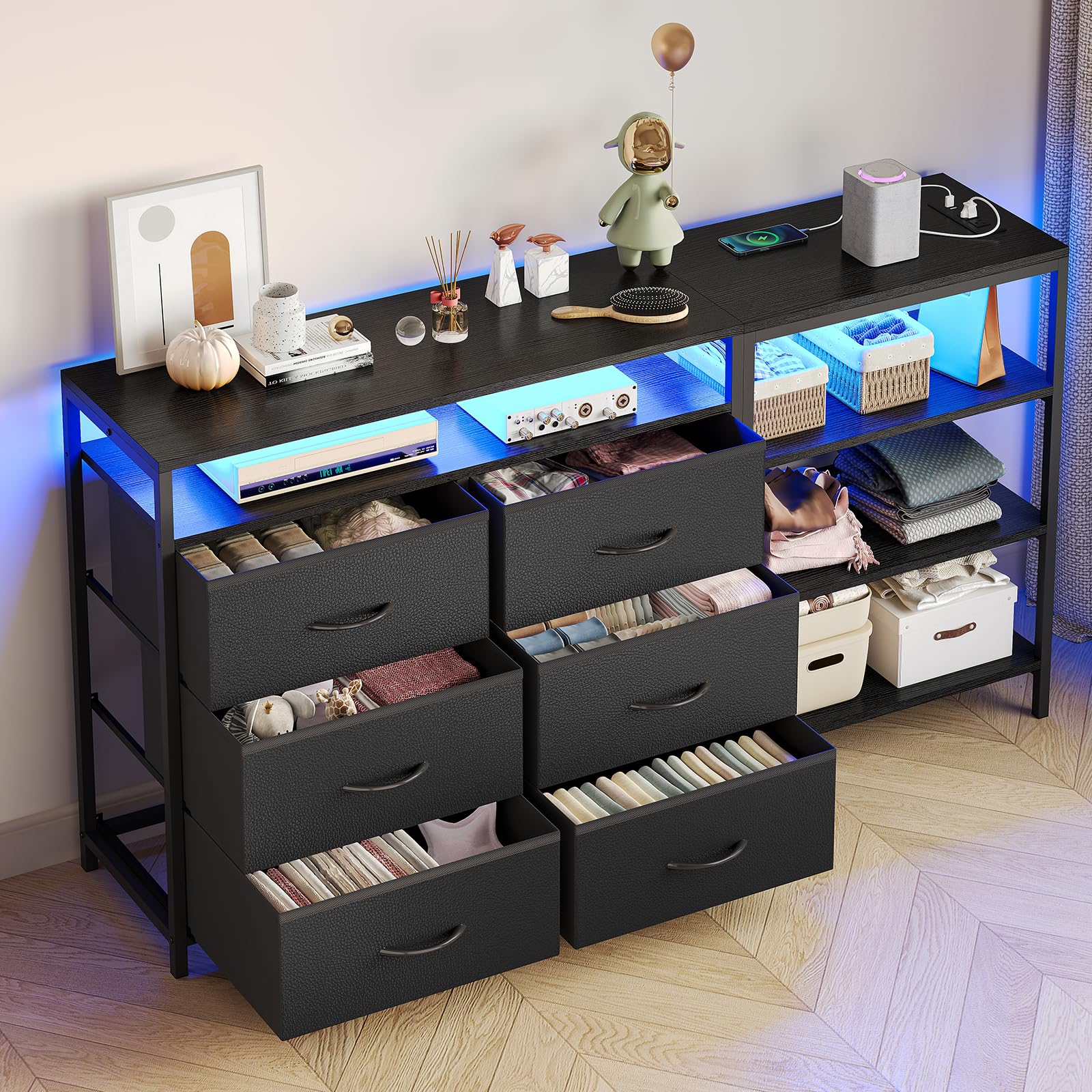 TV Stand Dresser Bedroom for 60 Inch TV with LED Lights & Charging Station