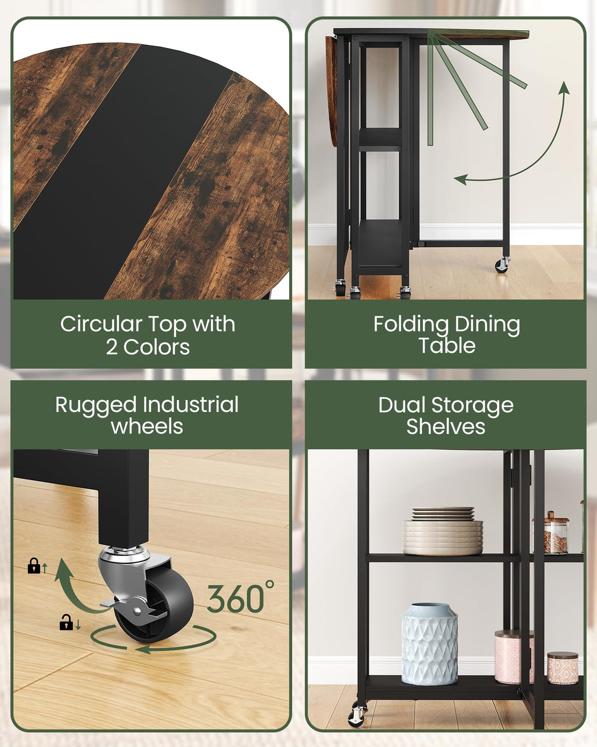 Folding Dining Table with Wheels and Storage Shelf