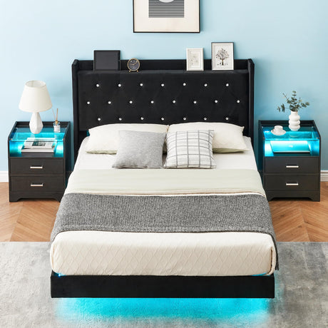 Floating Bed Frame Full Size with LED Lights, Modern Upholstered Platform Full Bed Frame