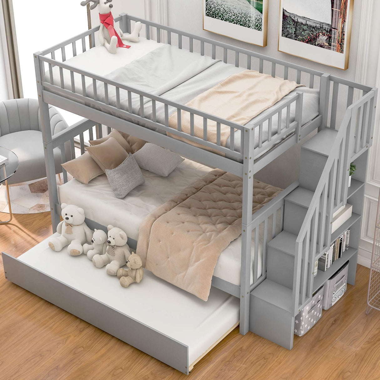 Bunk Beds, Bunk Beds Twin Over Twin Size, Twin Bunk Bed with Trundle