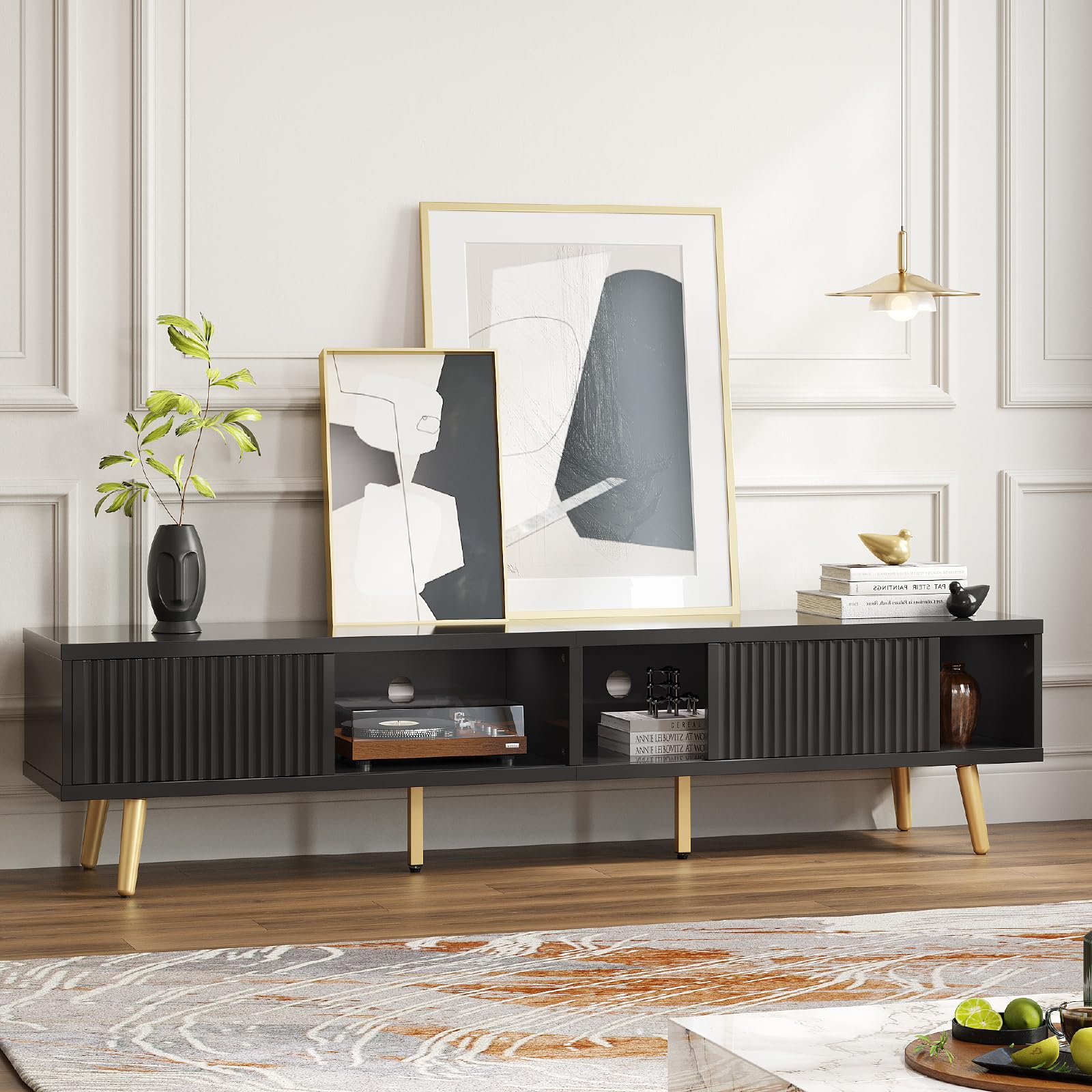 TV Stand for 75/80 inch TV, Low TV Stand with Fluted Sliding Doors