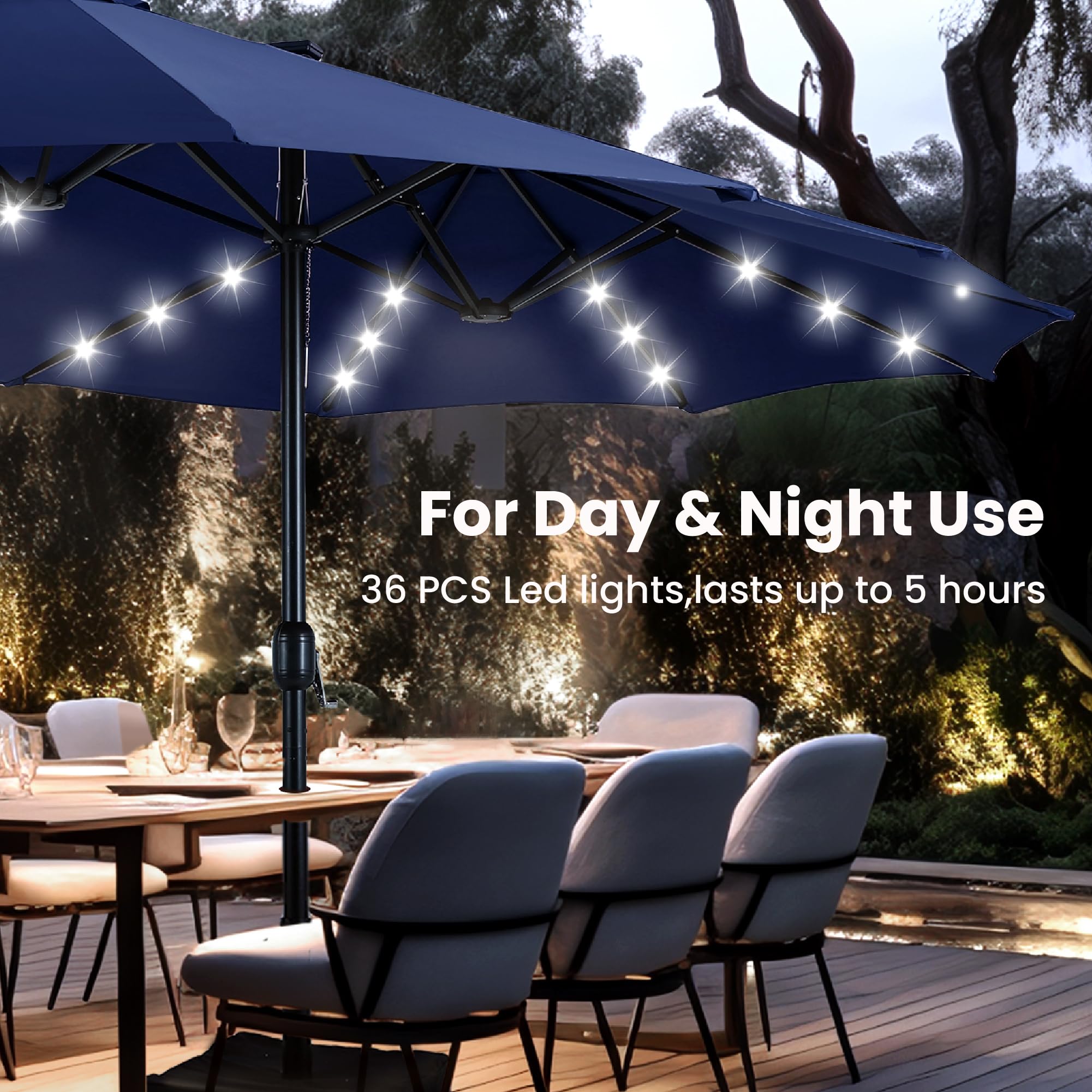 Large Patio Umbrella with Solar Lights, Double-Sided Outdoor Market Rectangle Umbrellas