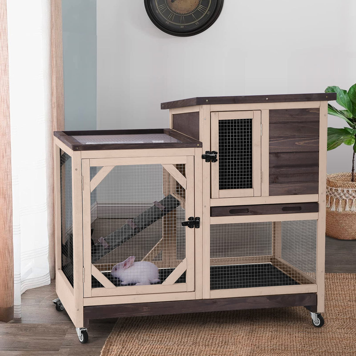 Outdoor Rabbit Hutch, Bunny Cage on Wheels with 2 Deep No Leakage Pull Out Trays