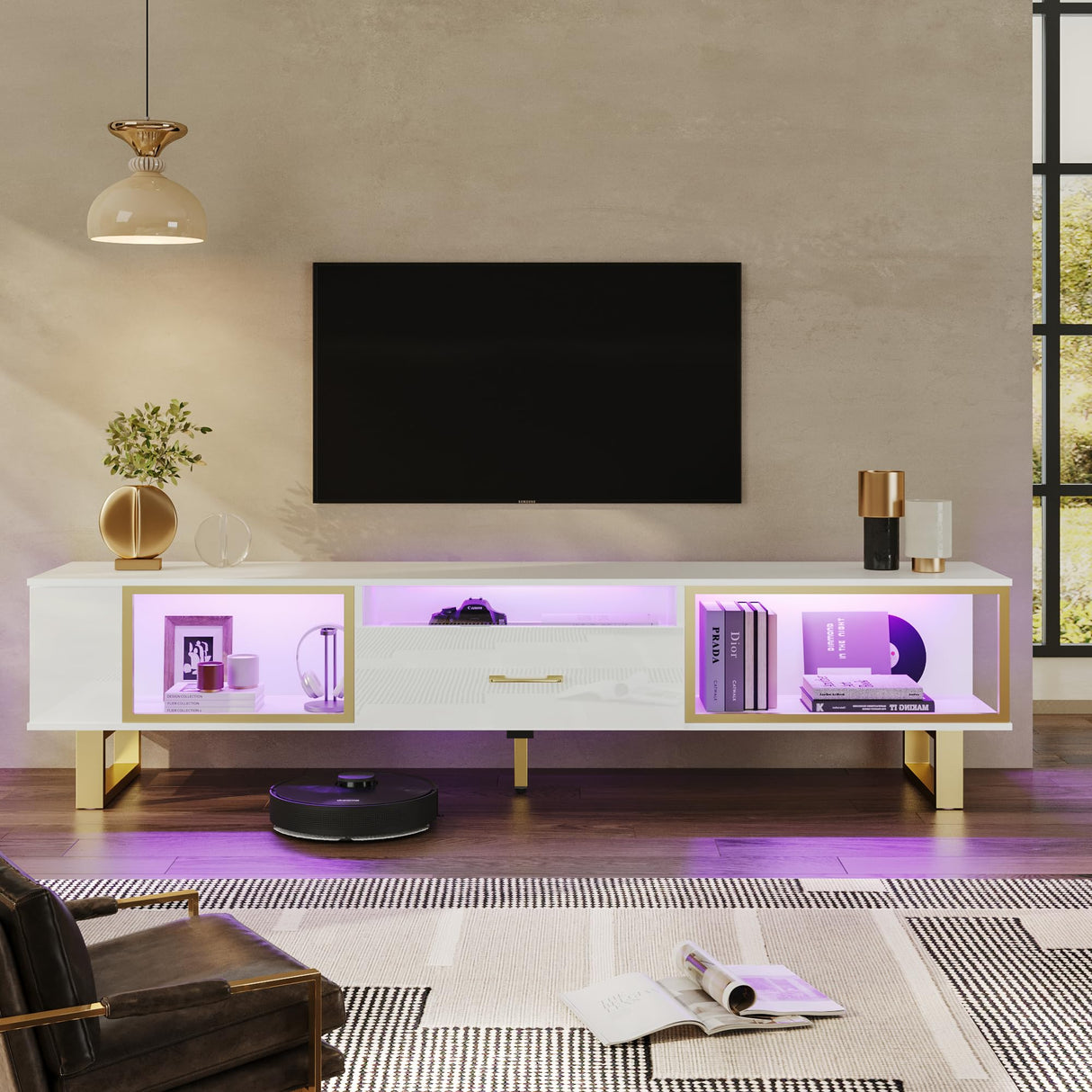 TV Stand with LED Light for TVs up to 80 inch, Modern Entertainment Center with Open