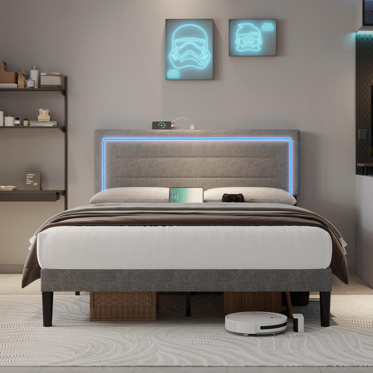Queen Bed Frame with LED Lights and Charging Station