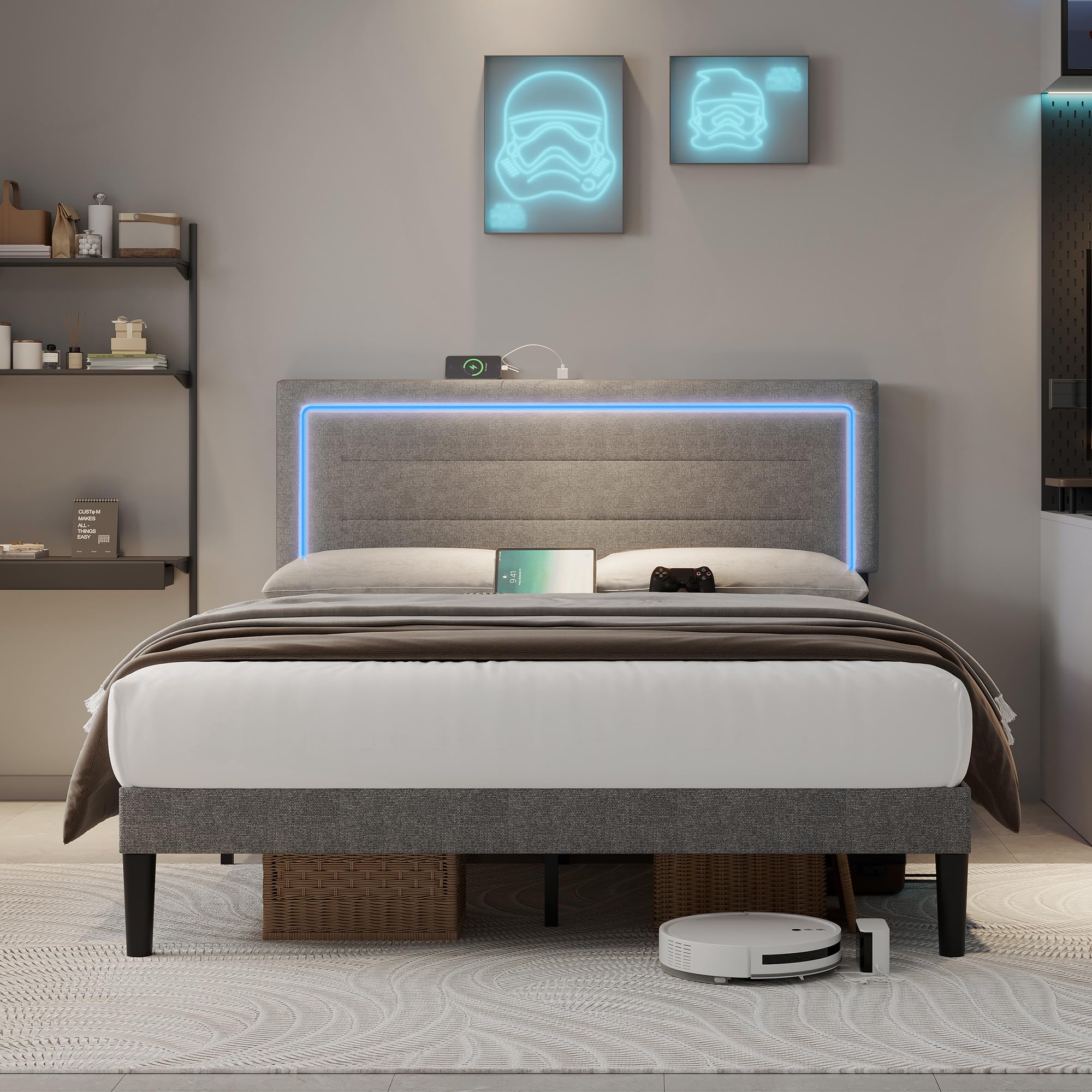 Queen Bed Frame with LED Lights and Charging Station