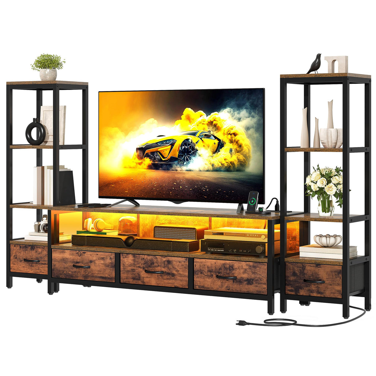 65 Inch TV Stand with LED Lights and Power Outlets