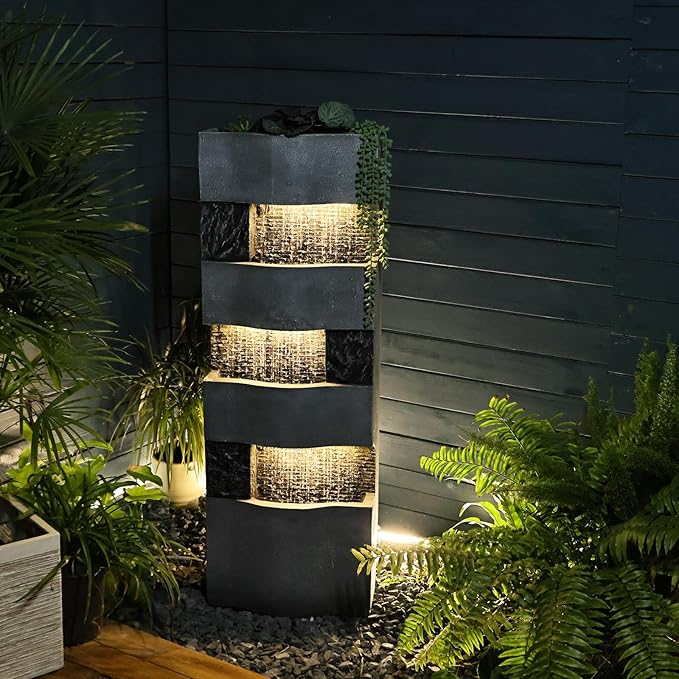 40.94''H Water Fountain Outdoor with LED and Pump, 4 Tiered Large Garden Waterfall