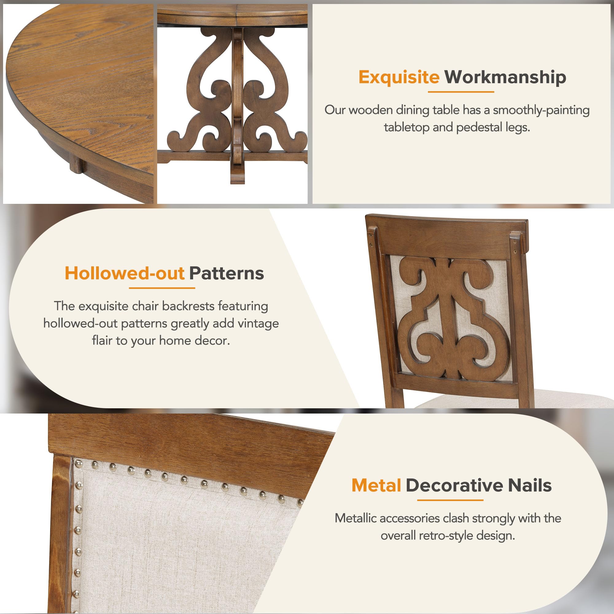 Round Solid Wood Dining Table Set for 4 - 5-Piece Farmhouse Kitchen Set