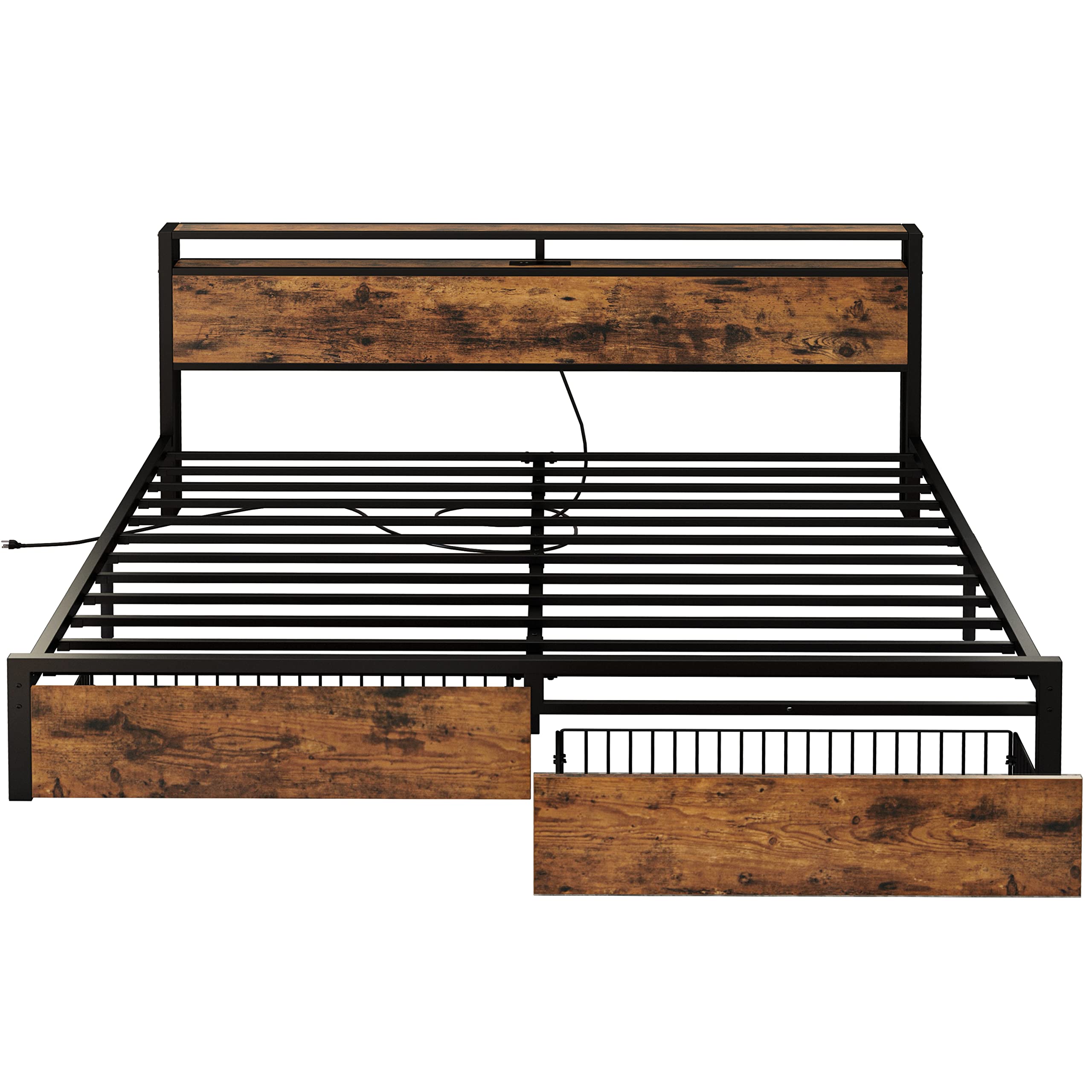 King Bed Frame with Storage Headboard, Platform Bed with Drawers and Charging Station,