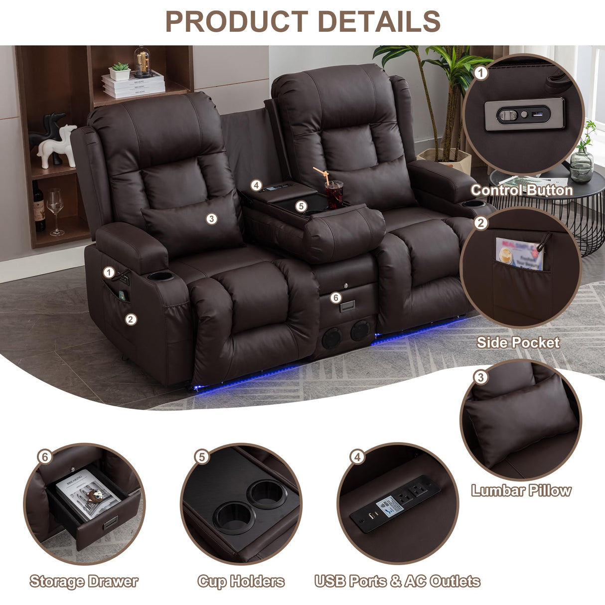 Power Loveseat Recliner Sofa with Massage & Heat Home Theater Seating