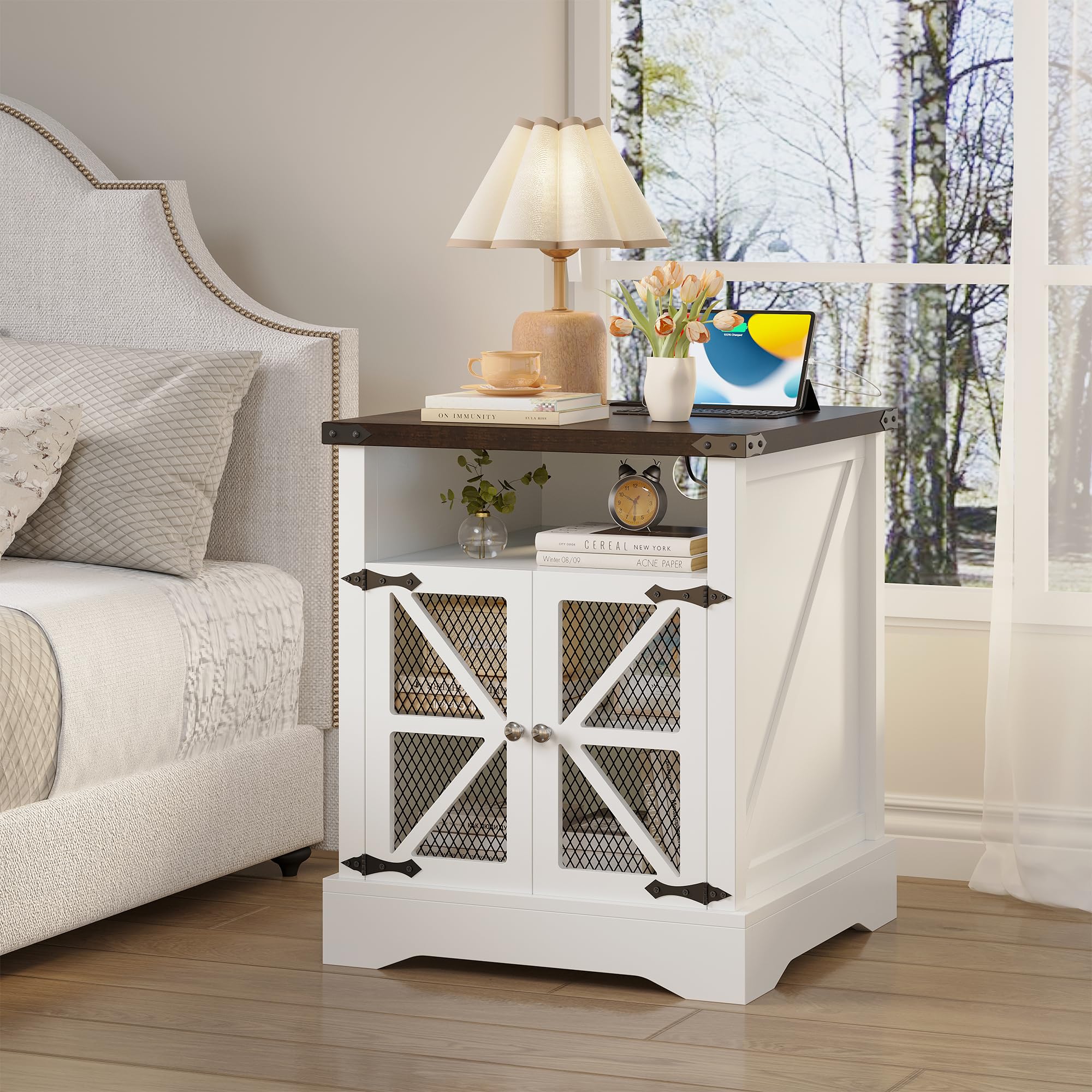Farmhouse Nightstand with Charging Station, Large Sofa Side Table, Wood Square