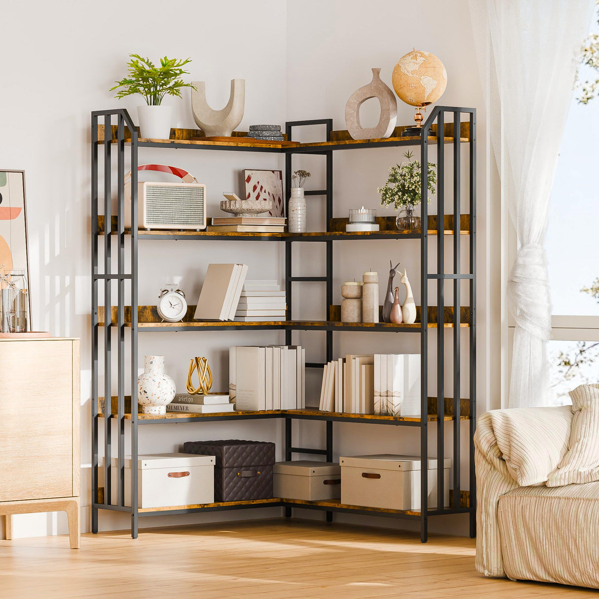 Bookshelf 5 Tiers, Corner Bookcase with Baffles, 70''x47''x44'' Large Industrial Wooden