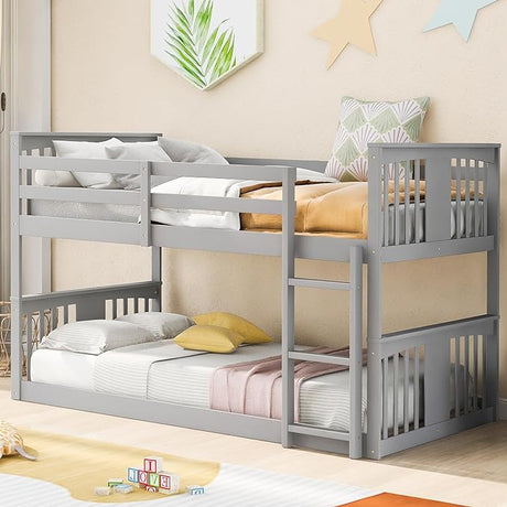 Montessori Floor Bunk Bed Twin Over Twin, Twin Bunk Bed with Slide and Ladder