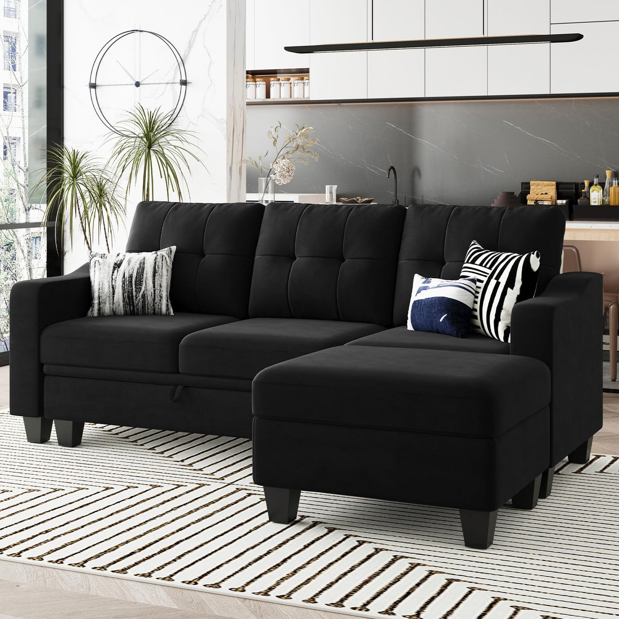 Velvet Sectional Couch with Storage, L Shaped Sofa with Chaise for Small Space, Black