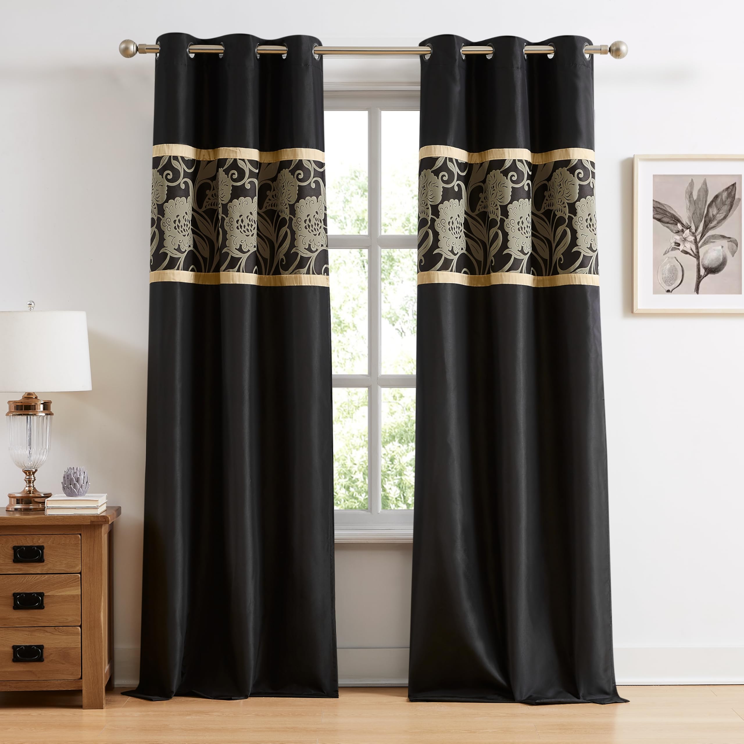 Black and Gold Comforter Set Queen - 9 Piece Jacquard Floral Bedding