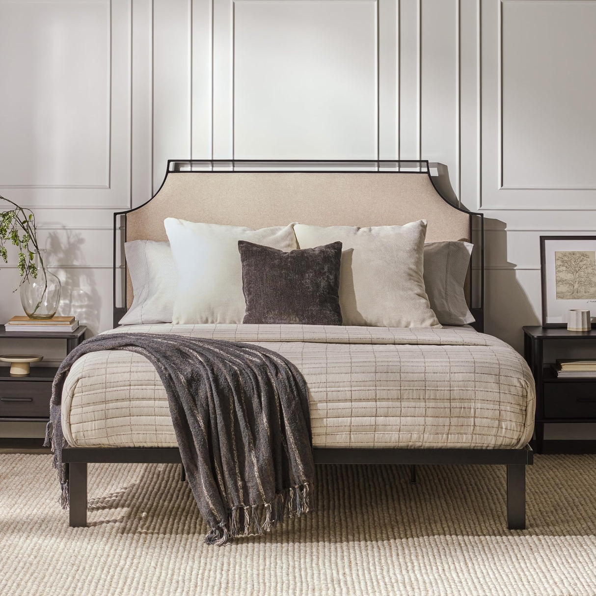 Miriam Modern Metal-Frame Upholstered Queen Bedframe, Queen Size, Tan