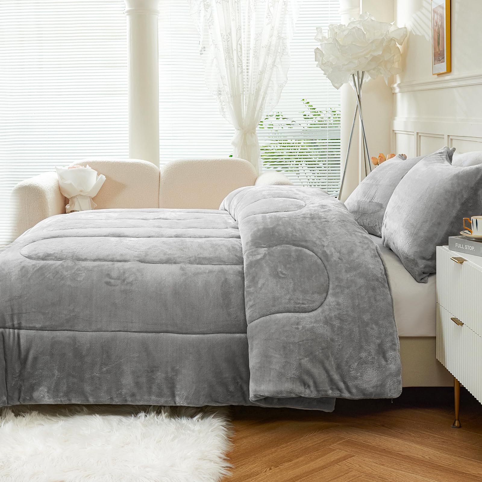 Faux Fur Comforter Set Queen Size, Luxury Ultra Soft Fuzzy Fleece Comforter