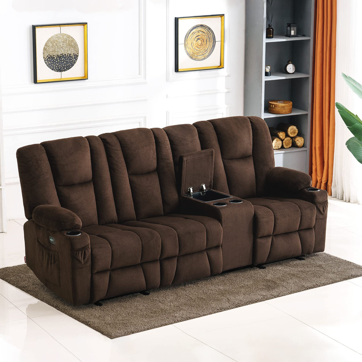 Power Reclining Sofa with Heat and Massage,USB Ports, Cup Holders