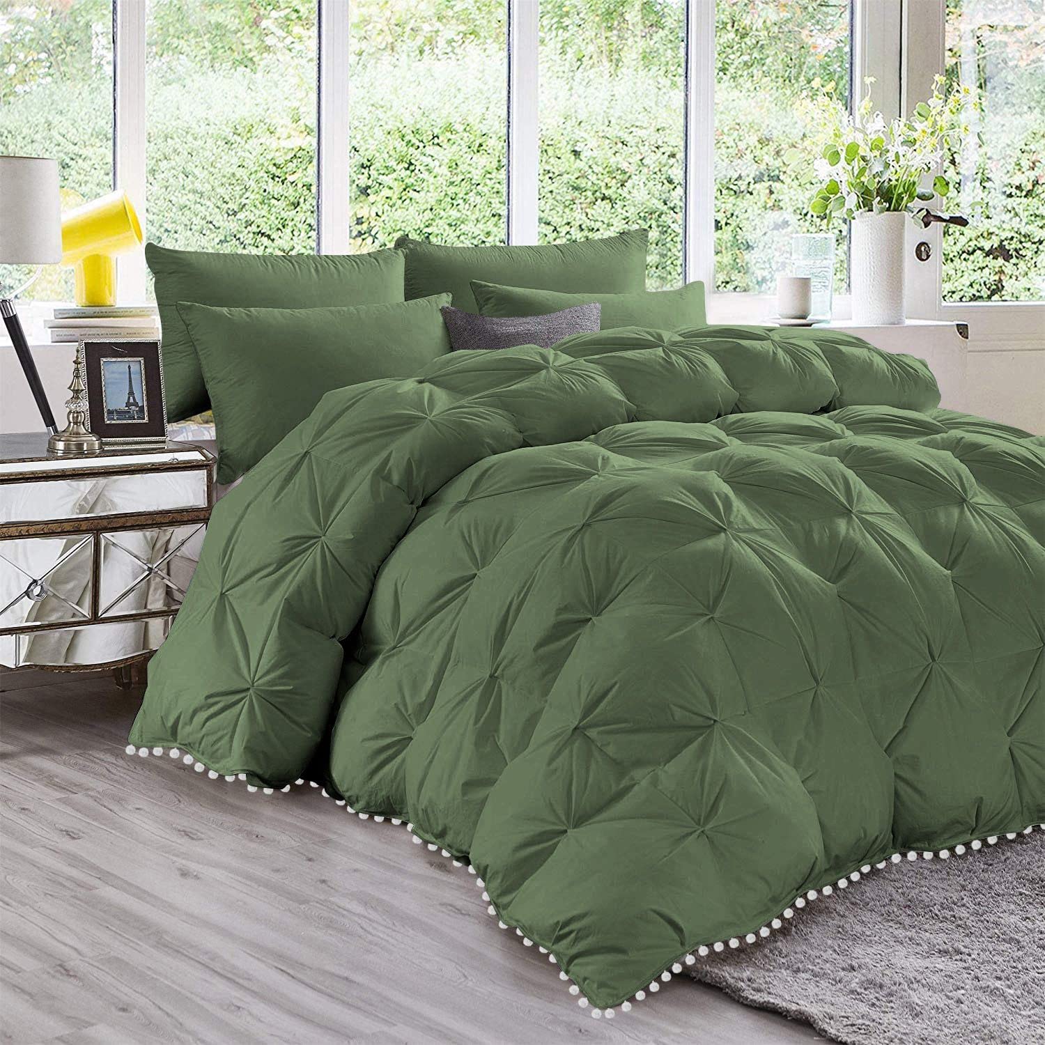 1 Piece White Pom Pom Pinch Pleated Comforter | 1000 Thread Count 100% Egyptian Cotton
