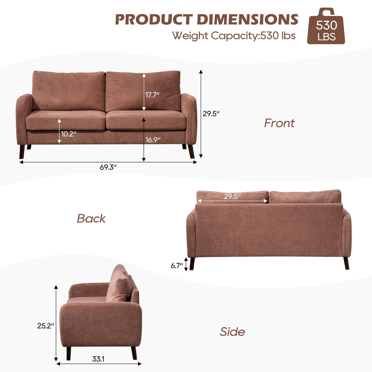 69'' Loveseat Sofa, Small Loveseat for Small Space with Removable Backrest & Wooden Legs