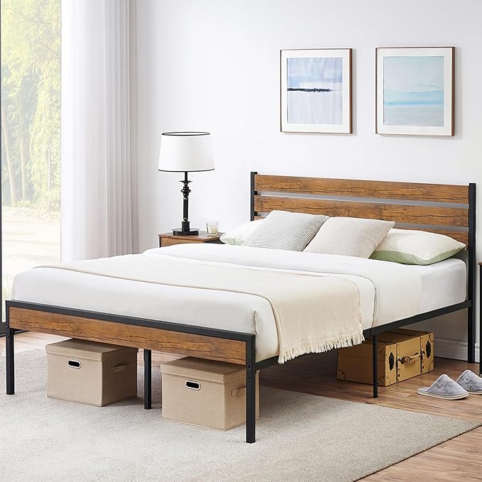 with Wood Headboard, Strong Wood Slats Support, Under Bed Storage, Noise-Free,