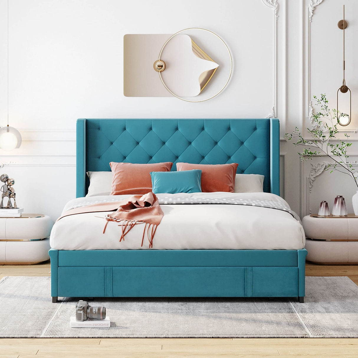 Queen Size and Velvet Upholstered Platform Bed Beige