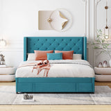 Queen Size and Velvet Upholstered Platform Bed Beige