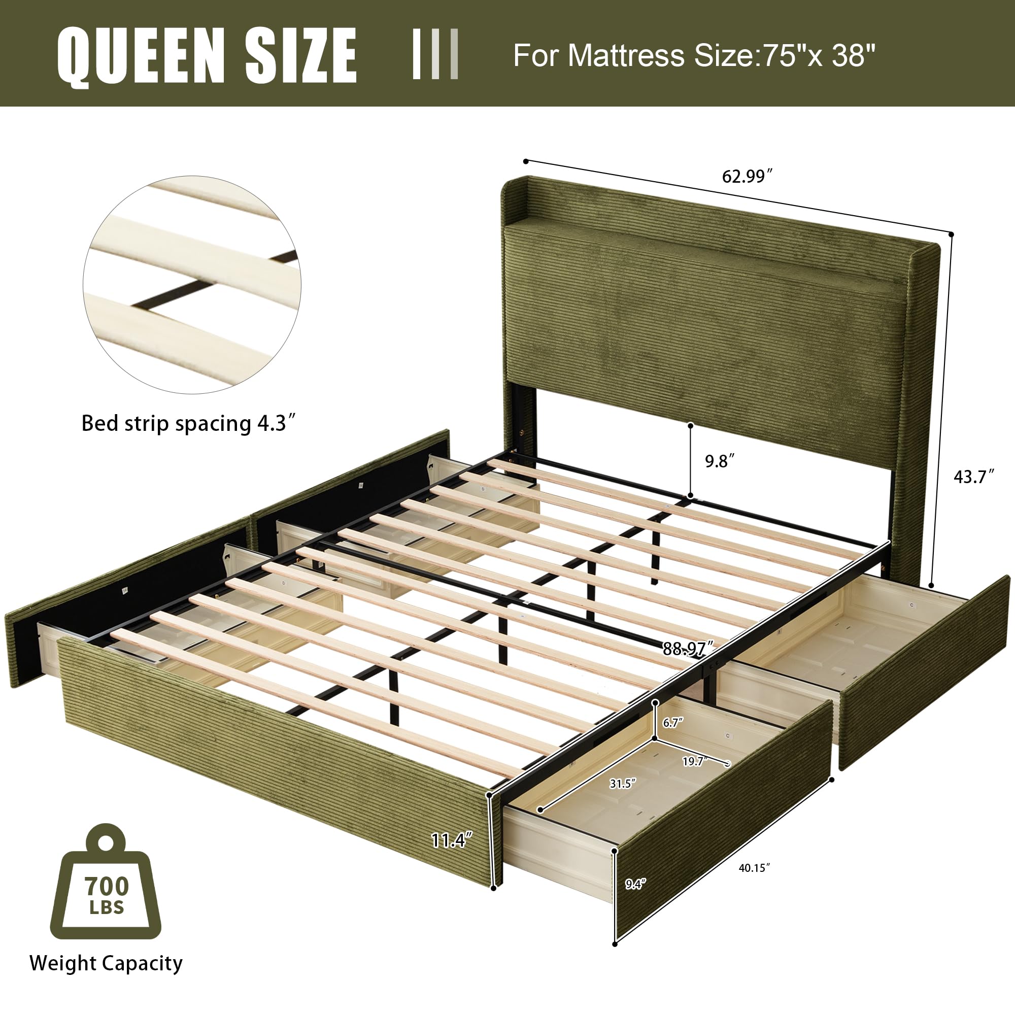 Queen Bed Frame with Storage Drawers - Upholstered Headboard