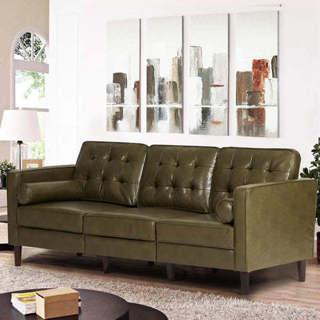 Premium Faux Leather 3-Seat Sofa w/Two Bolster Pillows and Tufted Backrest