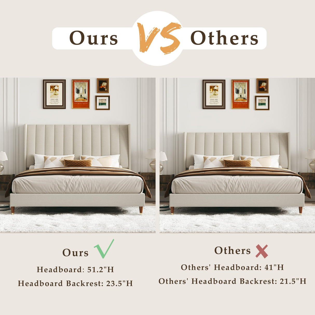 Queen Upholstered Bed Frame with Vertical Channel Wingback Headboard