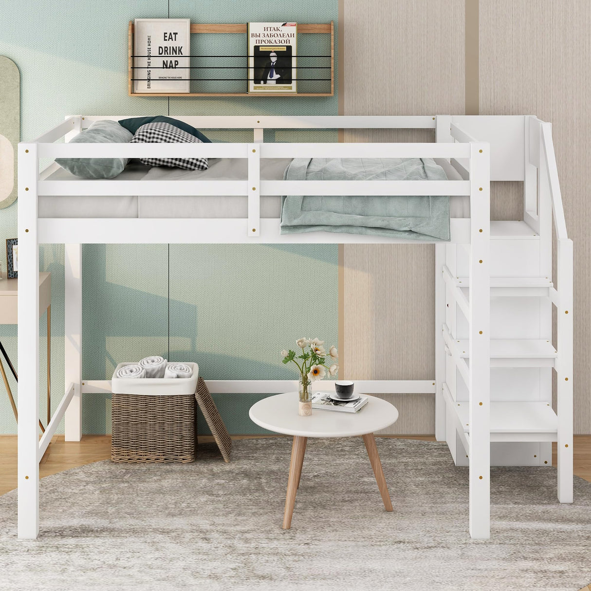 Full Loft Bed, Loft Bed Full Size with Storage Staircase and Wardrobe for Clothes, Wooden