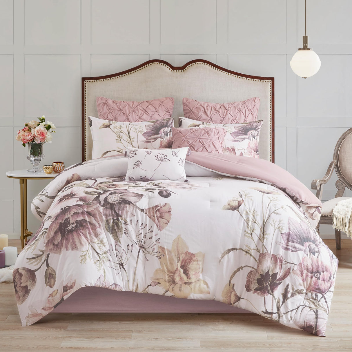 Floral Queen Comforter Set, Cotton Rich Bedding Set Feminine Design Shabby Chic Queen